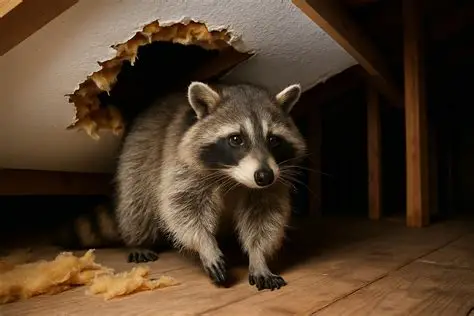 A raccoon coming through a hole in a ceiling